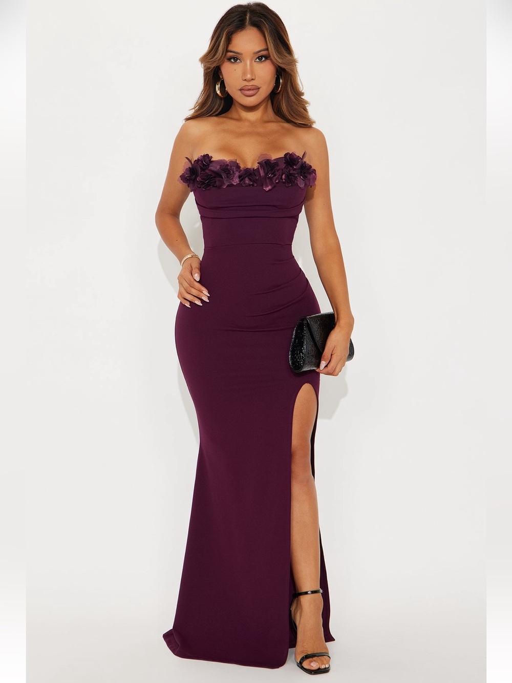 Fashion Nova Strapless Floral-Trim Evening Gown in Plum